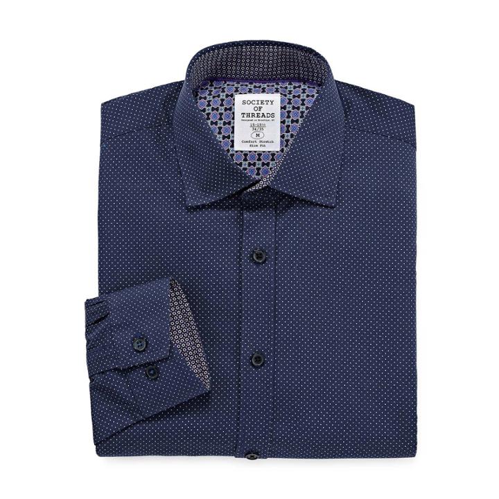 Society Of Threads Dress Shirt Long Sleeve Woven Pin Dot Dress Shirt