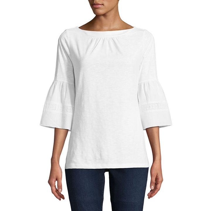 St. John's Bay 3/4 Sleeve Bell Sleeve Eyelet Peasant Top