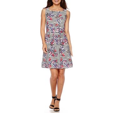 Trulli Sleeveless Floral Striped Fit-and-flare Dress