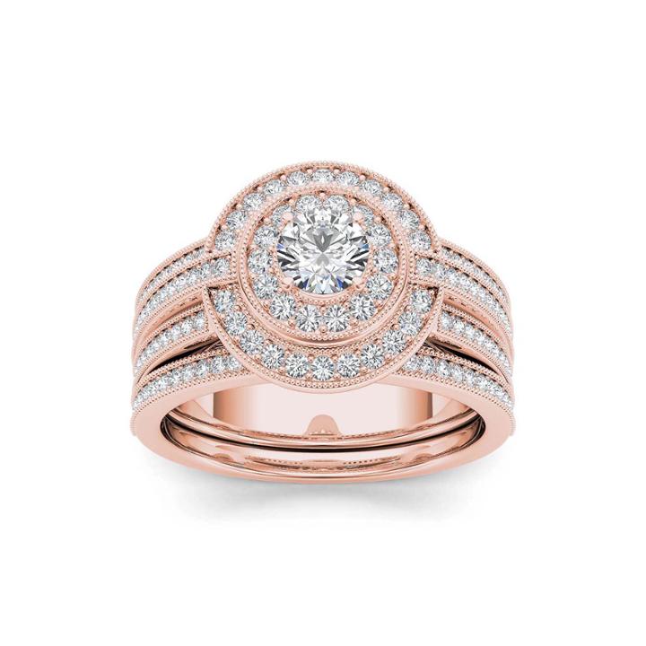 1 Ct. T.w. Diamond 14k Rose Gold Halo Bridal Ring Set