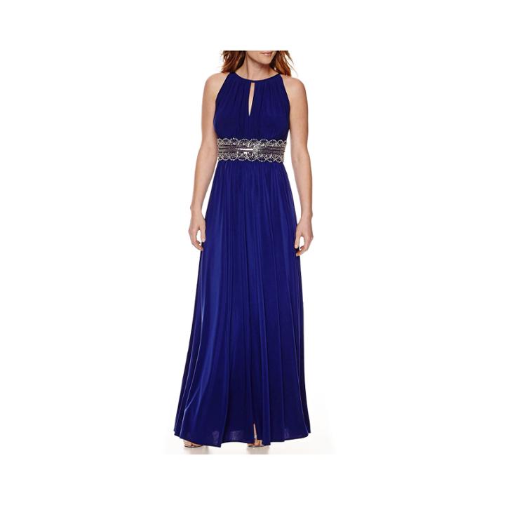 R & M Richards Sleeveless Beaded Formal Halter Gown
