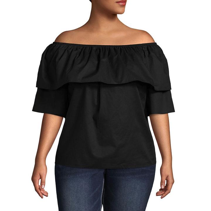 Boutique + 3/4 Sleeve Black Woven Blouse-plus