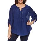 Liz Claiborne 3/4 Sleeve Roll Tab Sleeve Geometric Peasant Top Plus