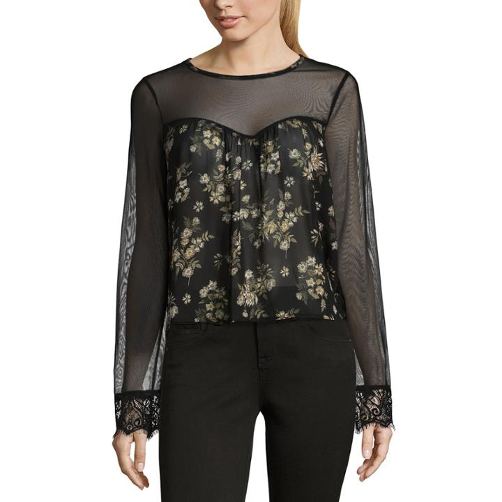 Self Esteem Long Sleeve Round Neck Chiffon Floral Blouse-juniors