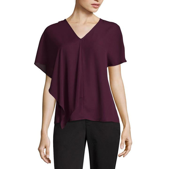 Worthington Short Sleeve Crew Neck Georgette Blouse-petites
