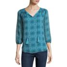 St. John's Bay 3/4 Sleevetie Neck Knit Floral Blouse-petites