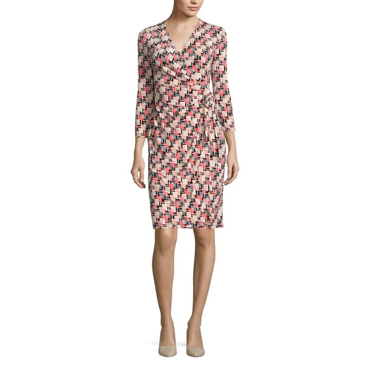 Black Label By Evan-picone 3/4 Sleeve Geometric Wrap Dress