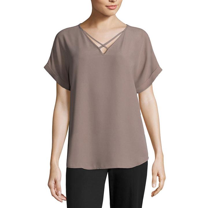 Worthington Short Sleeve V Neck Dobby Blouse