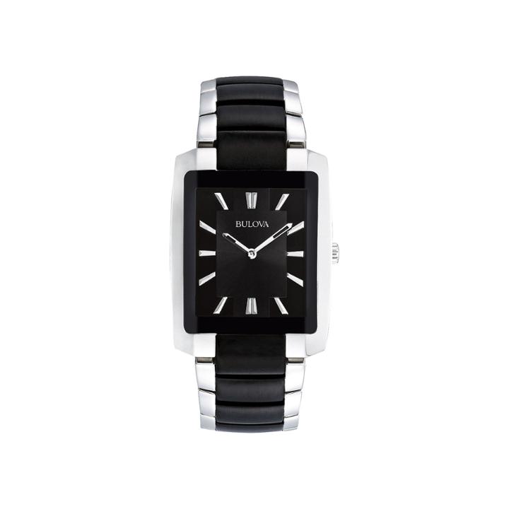 Bulova Mens Rectangular Black And Silver-tone Stainless Steel Watch 98a117