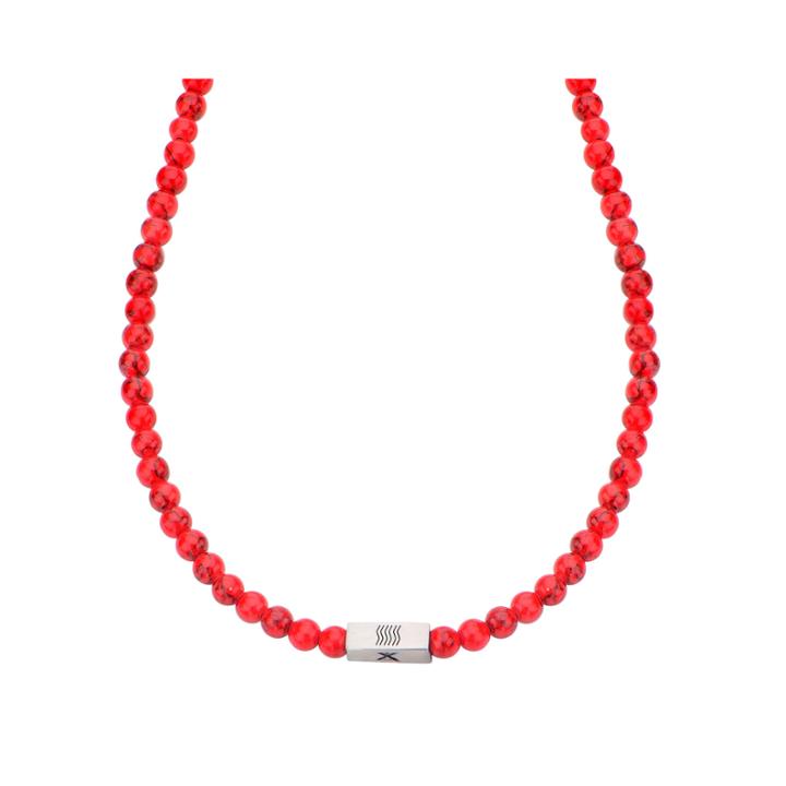 Mens Simulated Red Turquoise Bead Stainless Steel Necklace