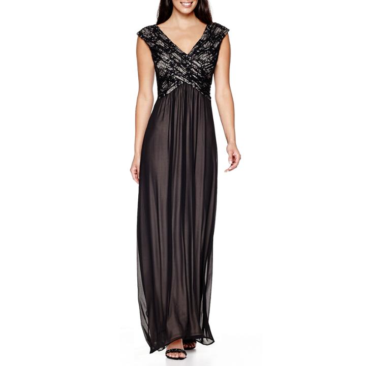 Melrose Cap-sleeve V-neck Sequin Formal Gown