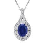 Blue And White Lab-created Sapphire Sterling Silver Halo Pendant Necklace