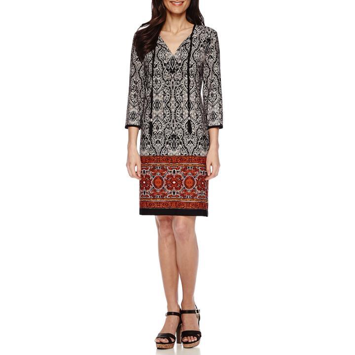 Studio 1 3/4-sleeve Tie-neck Border Print Sheath Dress - Petite