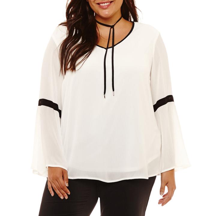 Alyx Long Sleeve V Neck Crepe Blouse-plus
