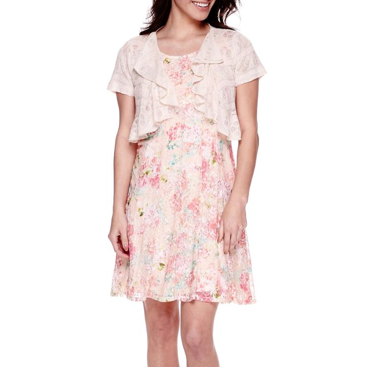 Perceptions Short-sleeve Lace Ruffled Jacket Dress - Petite
