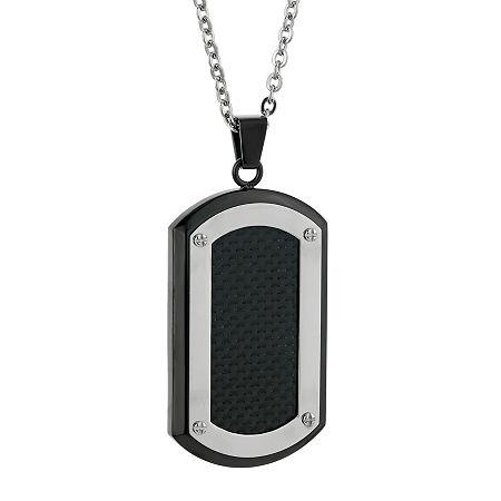 Mens Stainless Steel & Black Ip W/carbon Fiber Dog Tag Pendant Necklace