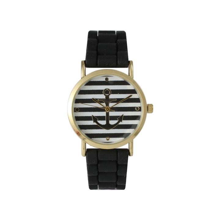 Olivia Pratt Womens Horizontal Stripe Anchor Emblem Dial Black Silicone Watch