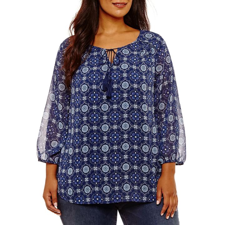 St. John's Bay 3/4 Sleeve Tie Neck Yoryu Blouse - Plus