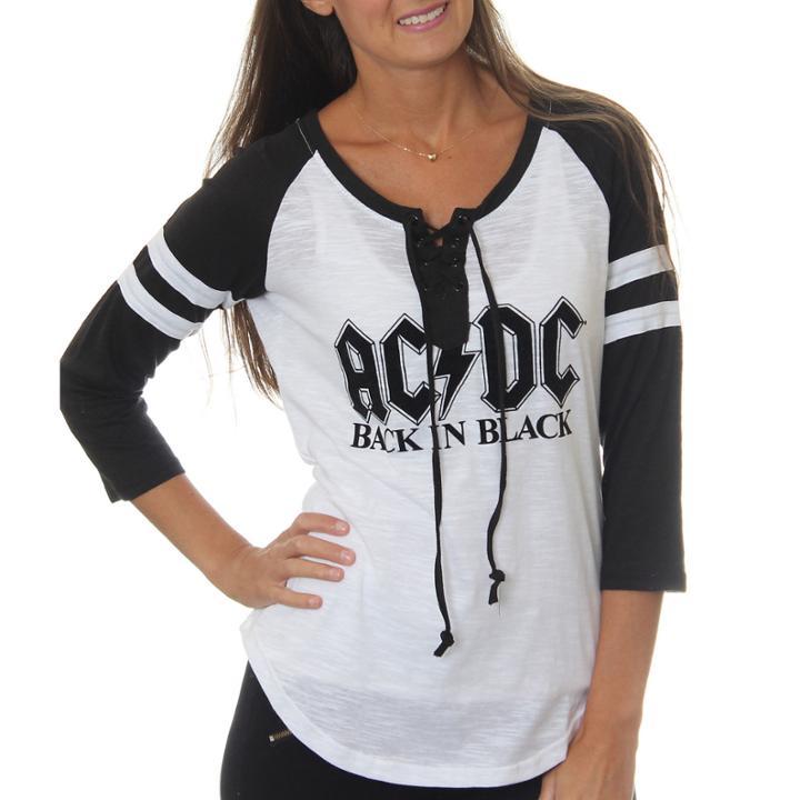 Ac/dc Juniors' Back In Black Logo Lace-up Graphic Raglan T-shirt With Flocking