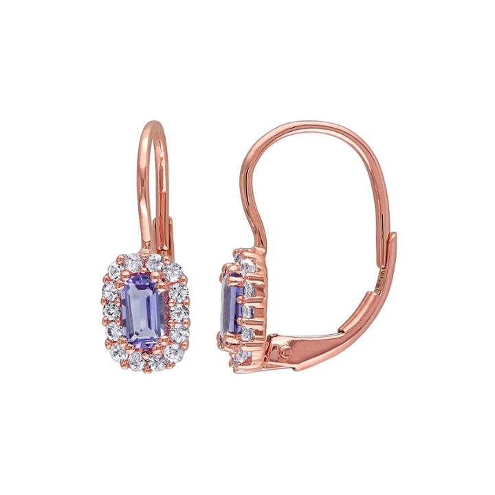 Genuine Tanzanite And White Sapphire Halo Leverback Drop Earrings