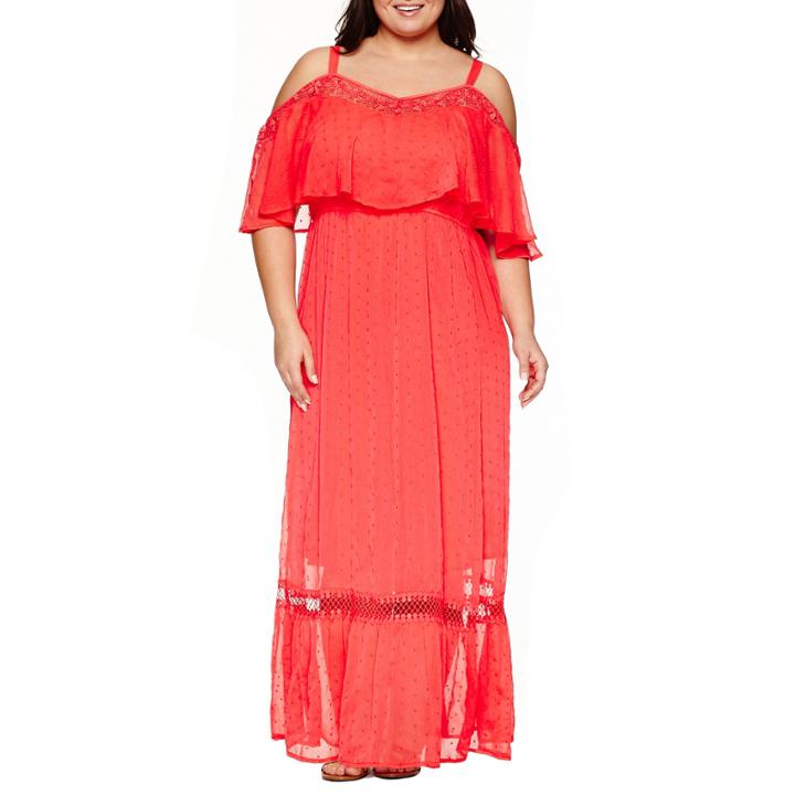 Boutique + Short Sleeve Cold Shoulder Maxi Dress-plus