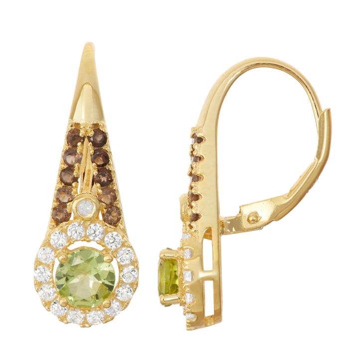 Genuine Peridot & Smoky Quartz Diamond Accent 14k Gold Over Silver Leverback Earrings