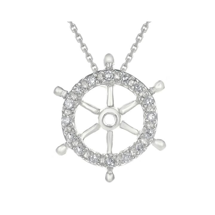 Diamond-accent 10k White Gold Ship Wheel Mini Pendant Necklace