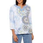 Alfred Dunner Blue Lagoon 3/4 Sleeve V Neck T-shirt-womens