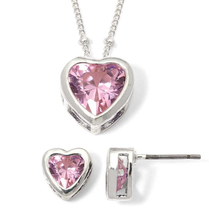 Rose Heart Cubic Zirconia Pendant Necklace & Earring Set