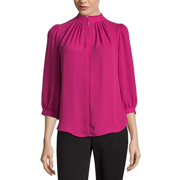 Worthington 3/4 Sleeve V Neck Woven Blouse-petites