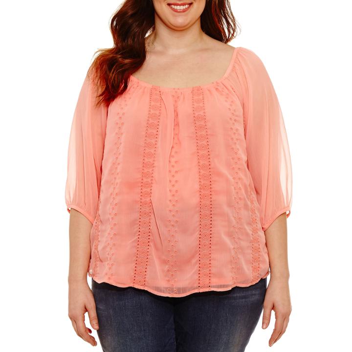 Boutique + 3/4 Sleeve Crochet Peasant Top Plus
