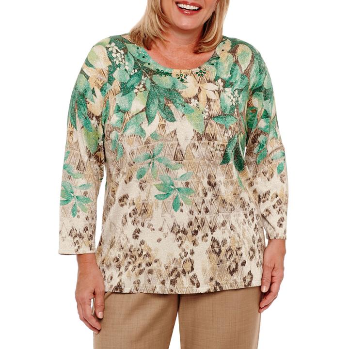 Alfred Dunner Emerald Isle 3/4 Sleeve Crew Neck Floral Pullover Sweater-plus