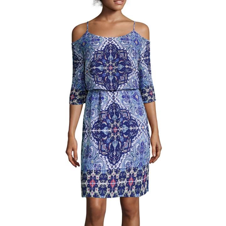Bisou Bisou 3/4-sleeve Cold-shoulder Printed Dress