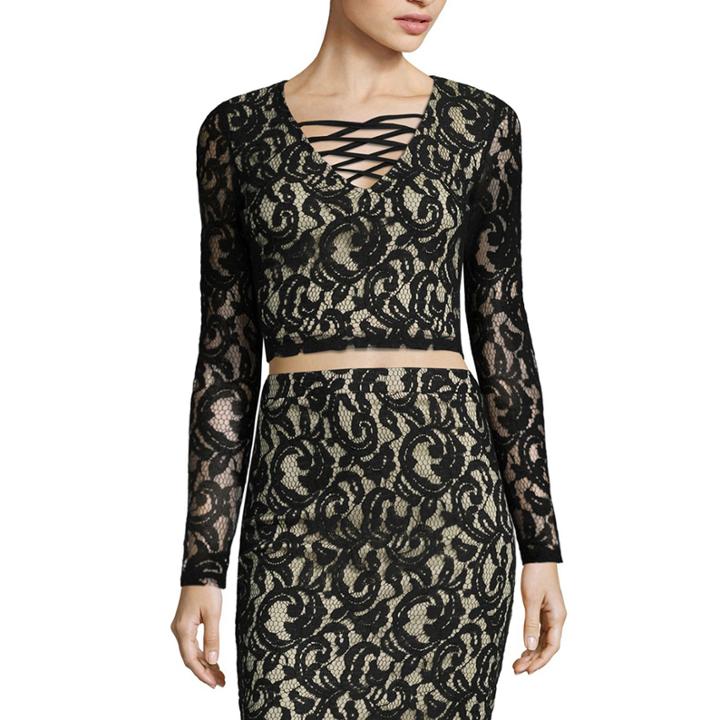 Fire Long Sleeve V Neck Lace Crop Top - Juniors