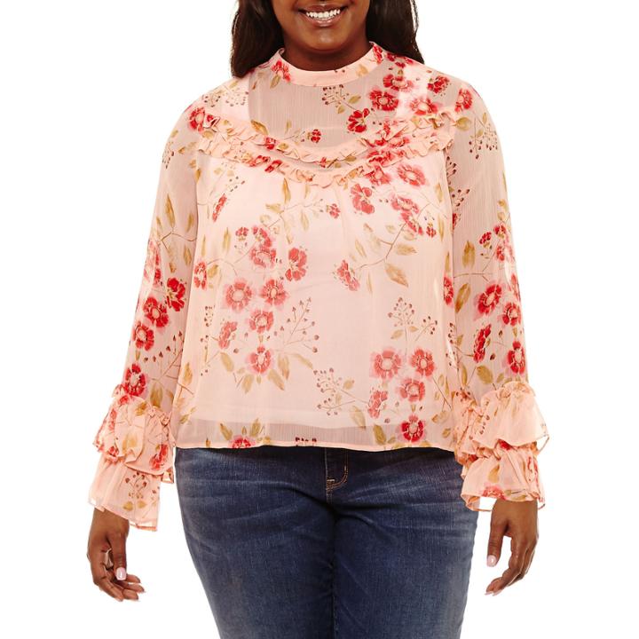 Arizona Long Sleeve High Neck Chiffon Floral Blouse-juniors Plus