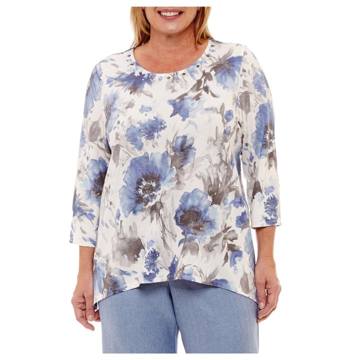 Alfred Dunner Silver Belles 3/4 Sleeve V Neck Floral T-shirt-womens Plus