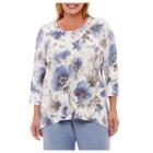 Alfred Dunner Silver Belles 3/4 Sleeve V Neck Floral T-shirt-womens Plus