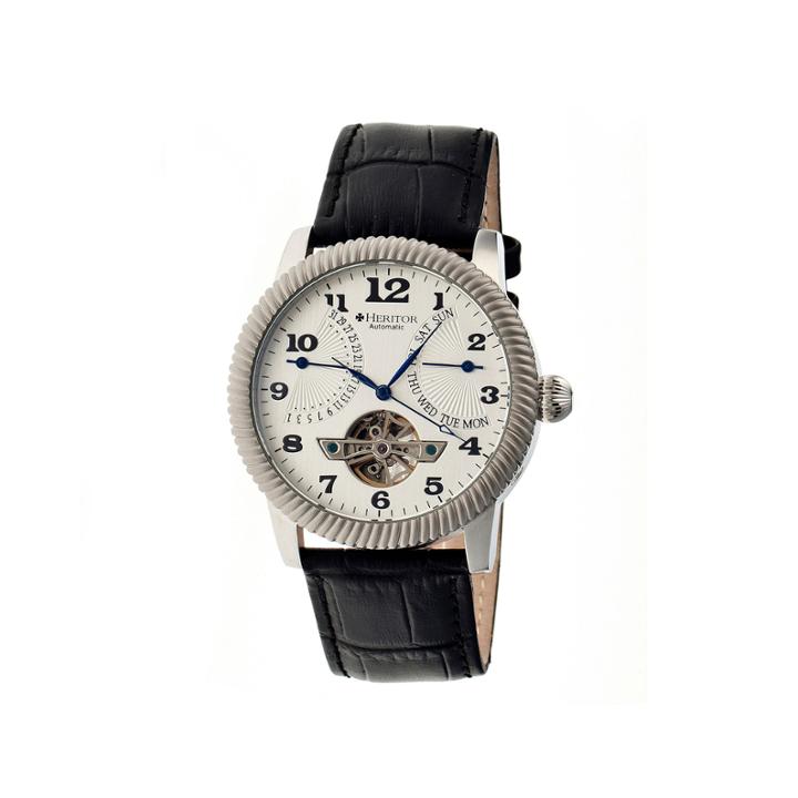 Heritor Automatic Piccard Mens Semi-skeleton Leather Date-silver Tone Watch