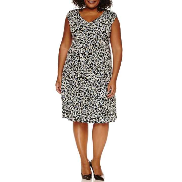London Times Short Sleeve Partially Lined Fit & Flare Dress-plus