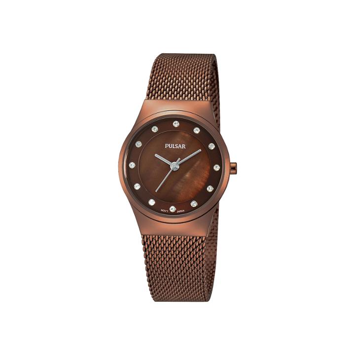 Pulsar Womens Crystal-accent Brown Stainless Steel Mesh Watch Ph8055