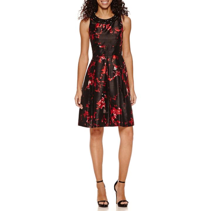 Melrose Sleeveless Beaded Neck Shantung Fit & Flare Dress-petites