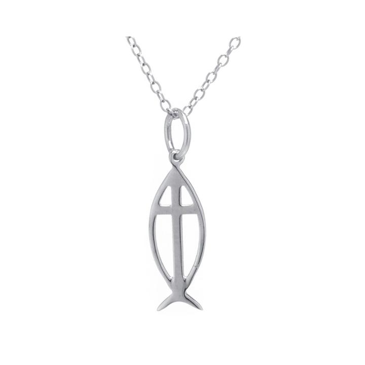 Sterling Silver Ichthus Symbol Cross Pendant Necklace