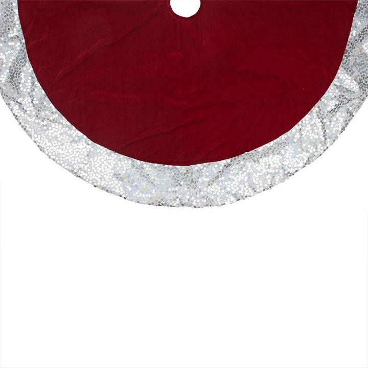 48 Rich Red Velvet Silver Disco Sequin Bordered Christmas Tree Skirt