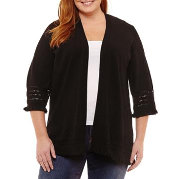 3/4 Sleeve Pointelle Ruffle Cardigan-plus