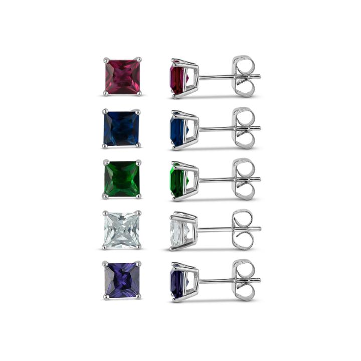 Sterling Silver 5mm Square Simulated Gemstone 5 Earring Pair Set