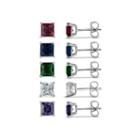 Sterling Silver 5mm Square Simulated Gemstone 5 Earring Pair Set