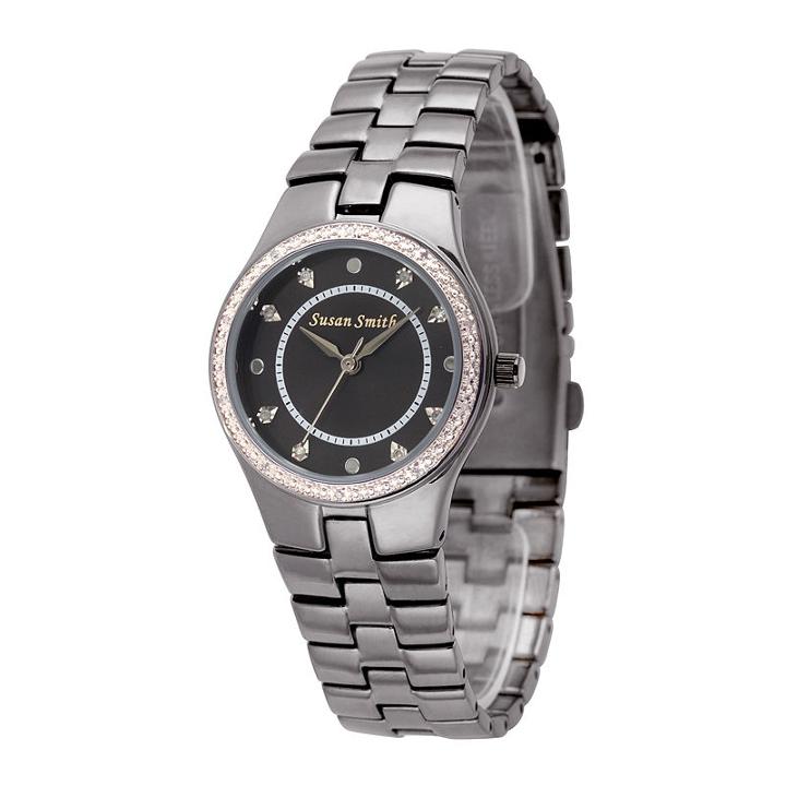 Personalized Dial Womens Diamond-accent Black Bracelet Watch