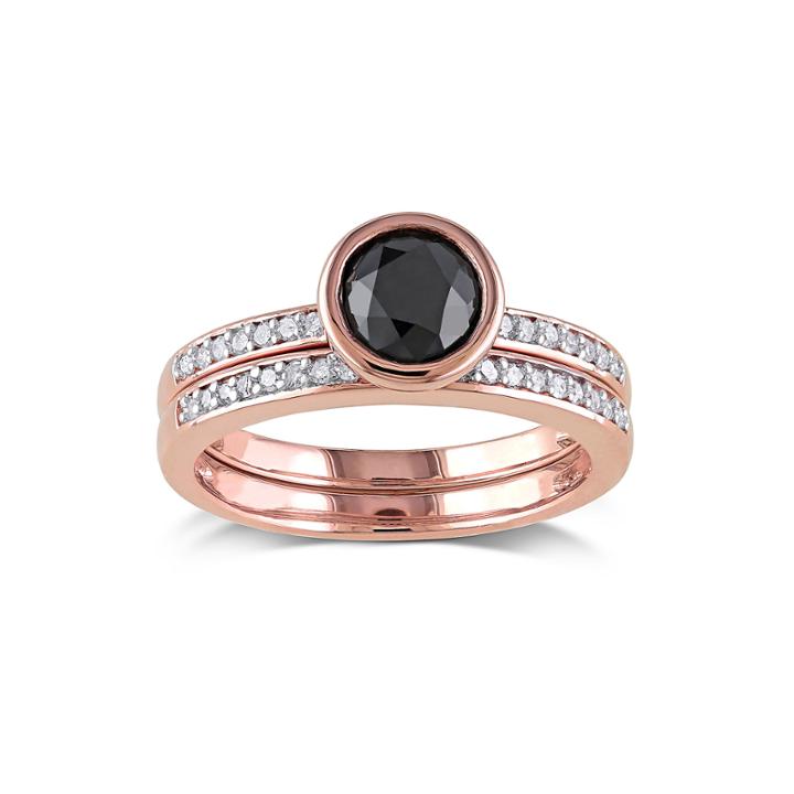 1 Ct. T W. White And Color-enhanced Black Diamond 10k Rose Gold Ring Set