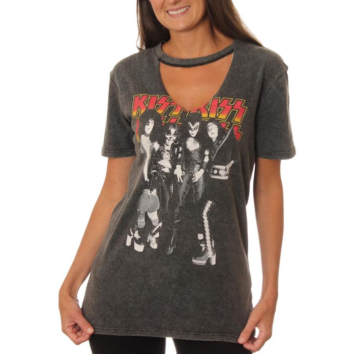 Kiss Juniors' Band Group Pose Cutout V-neck Shortsleeve Graphic T-shirt