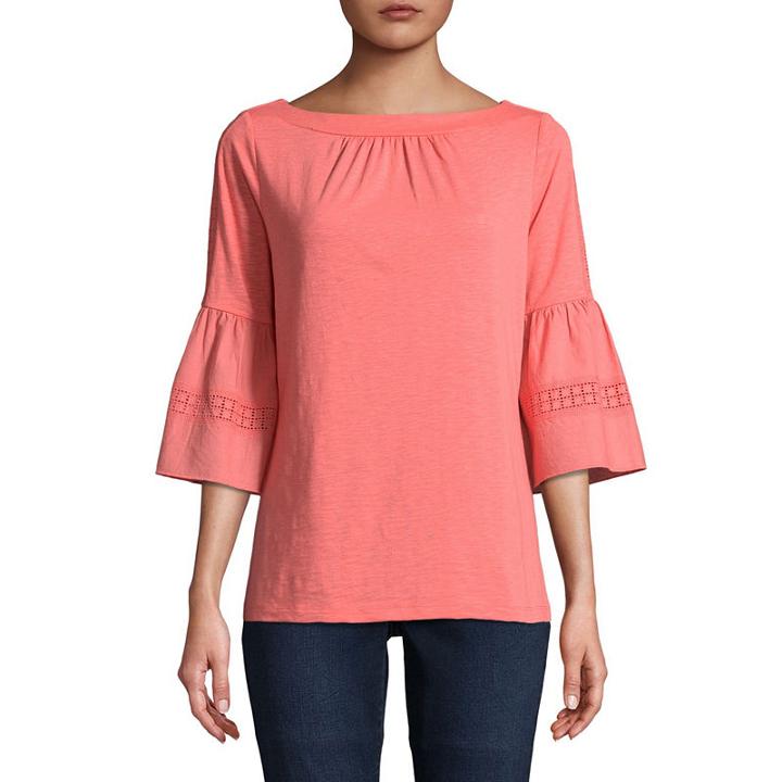 St. John's Bay Embellished 3/4 Sleeve Bell Sleeve Eyelet Peasant Top